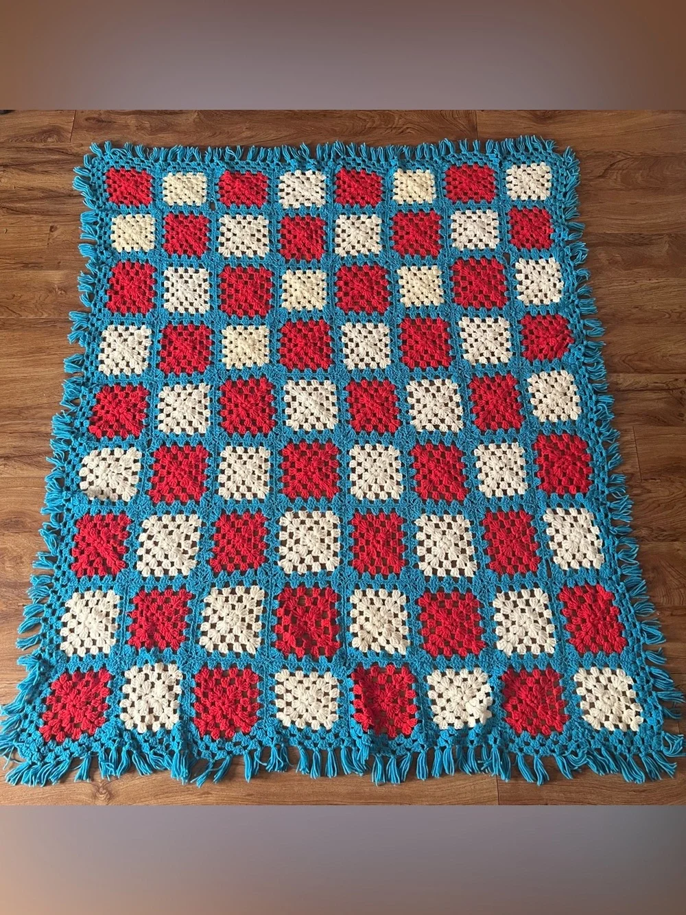 Vintage Handmade Granny Square Crochet Blanket Boho Afghan